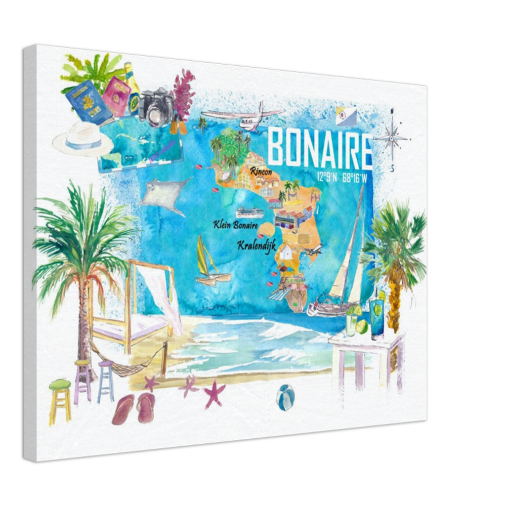 Bonaire Dutch Antilles Caribbean Island Illustrated Travel Map with Tourist Highlights