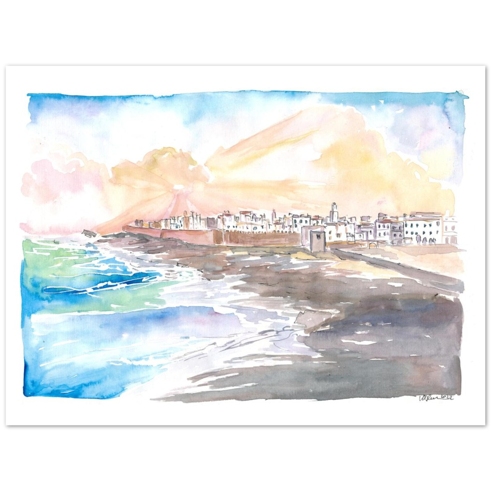 Essaouira Morocco view of Medina with Breaking Ocean Waves