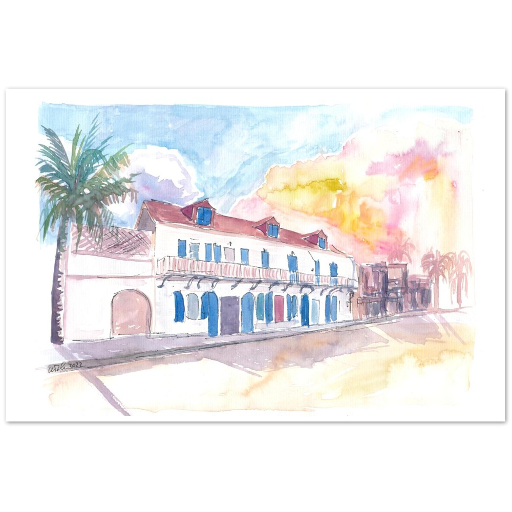 Colonial Street Scene in Marigot Saint Martin in French Caribbean - Limited Edition Fine Art Print -