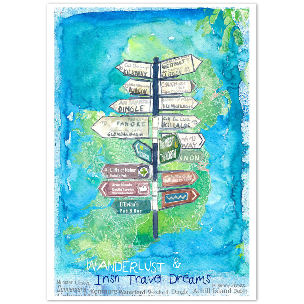 Wanderlust Signpost of Ireland with Island Background Premium Matte Paper Poster