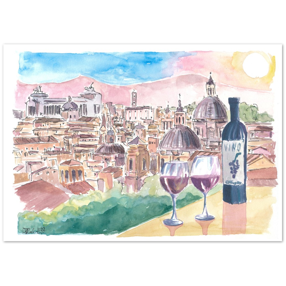 Romantic Vino in Roma Italy with Panoramic View from Hill - Limited Edition Fine Art Print - Original Painting available