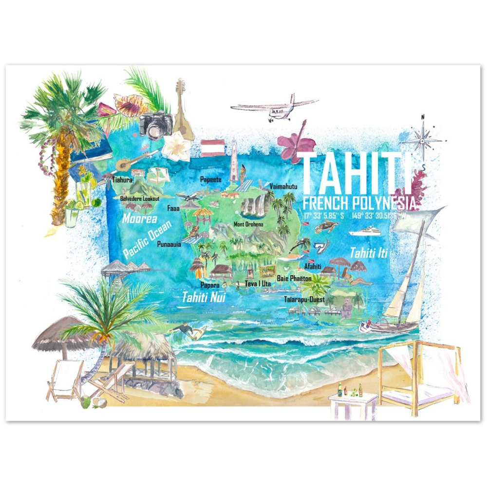 Tahiti Illustrated Travel Map with Roads and Highlights Fine Art Print