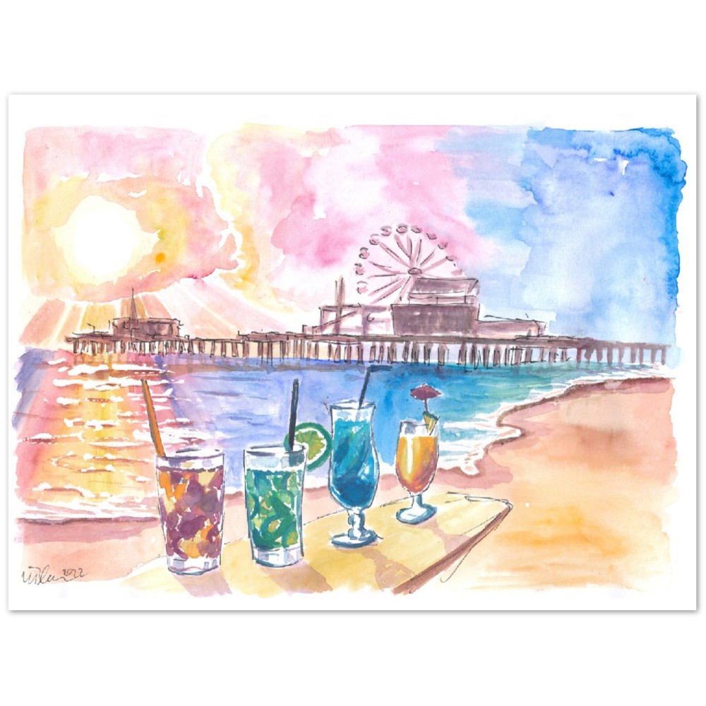 Sunset Fruit Cocktails with Santa Monica Pier at the Beach - Limited Edition Fine Art Print - Original Painting available