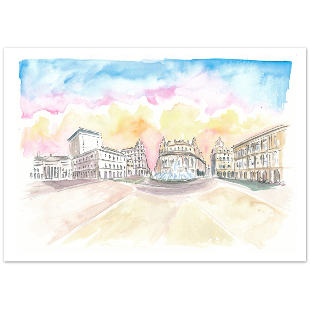 Genoa Italy Main Square Piazza at Sunrise - Limited Edition Fine Art Print - Original Painting available