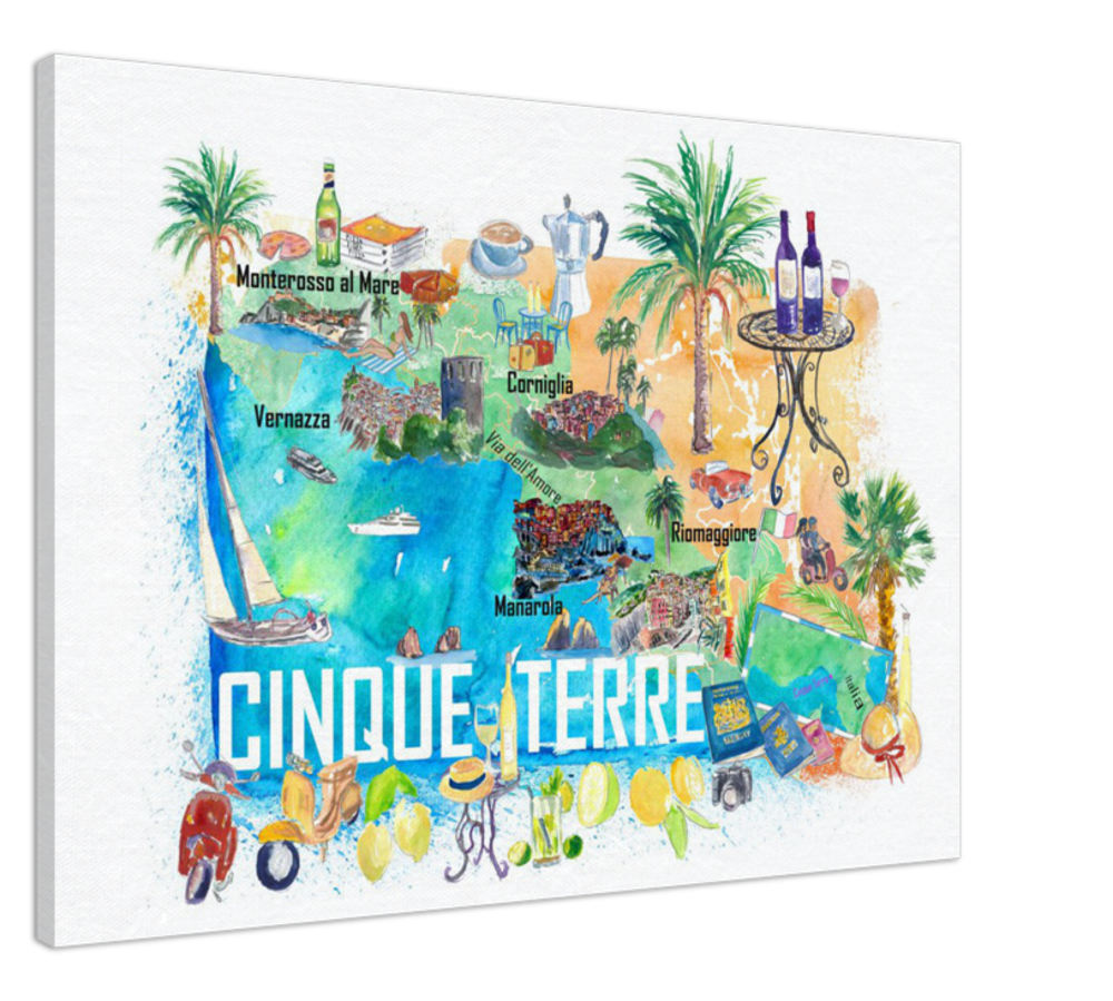 Cinque Terre Italien Illustrierte Mittelmeer-Reisekarte Highlights Golfs