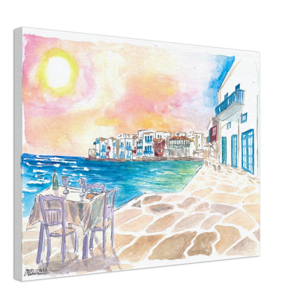 Romantic Sundowner in Picturesque Mykonos Little Venice with Seaview - Limited Edition Fine Art Print - Original Painting available
