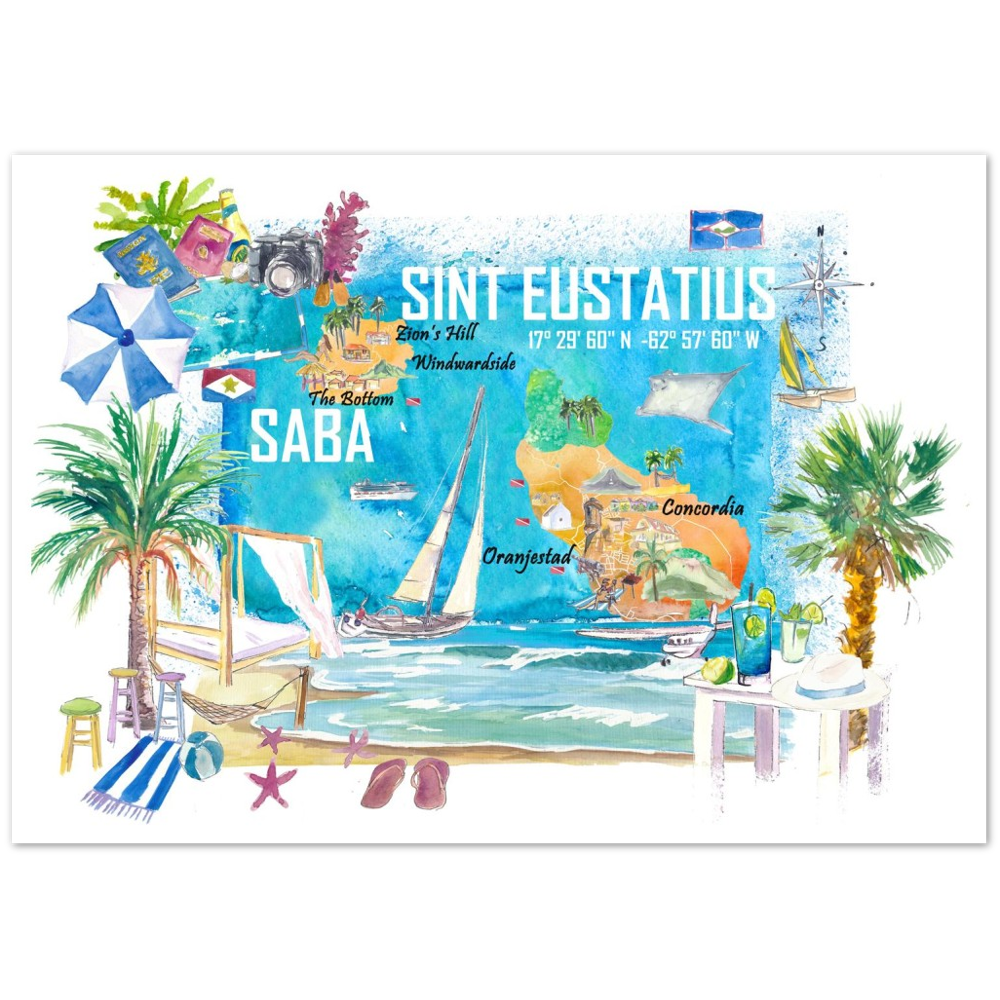 Sint Eustatius and Saba Dutch Caribbean Island Illustrated Travel Map with Tourist Highlights