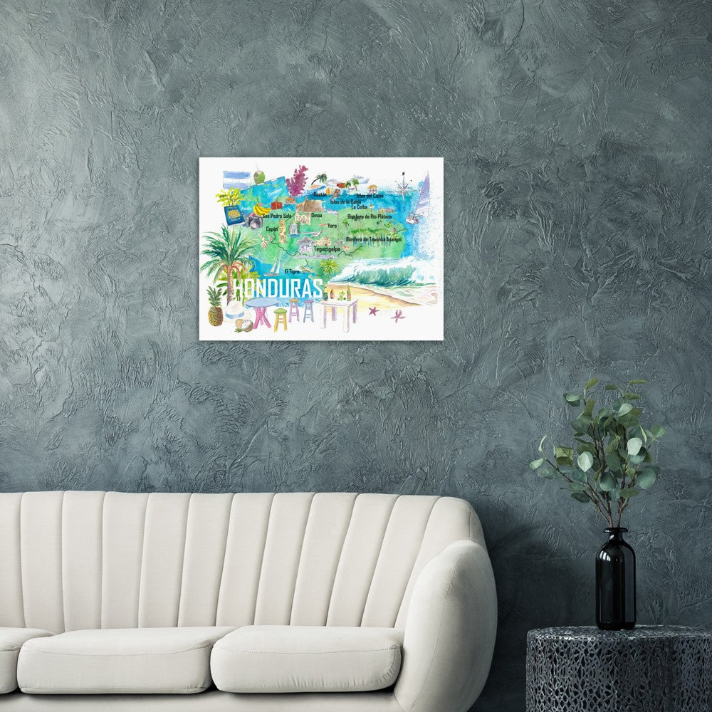 Honduras Illustrated Travel Map with Roads and Tourist Highlights