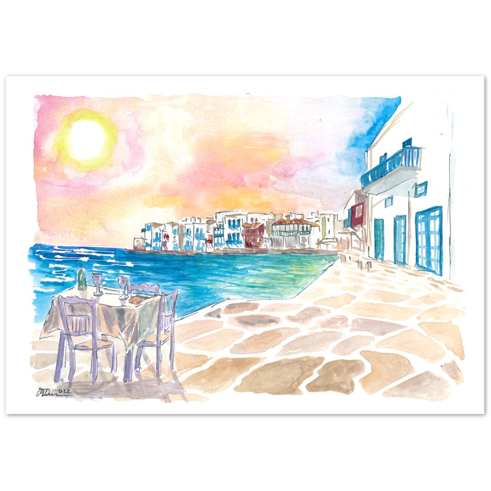 Romantic Sundowner in Picturesque Mykonos Little Venice with Seaview - Limited Edition Fine Art Print - Original Painting available