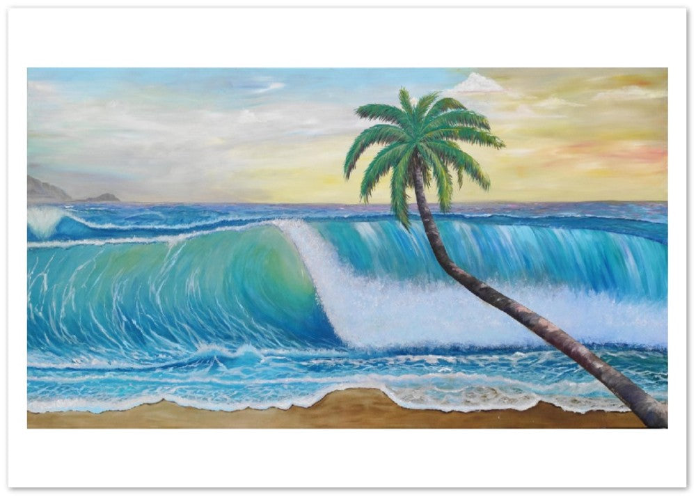 Translucent Wave and Leaning Palm on Virgin Islands Greater Antilles - Limited Edition Fine Art Print - Original Painting available