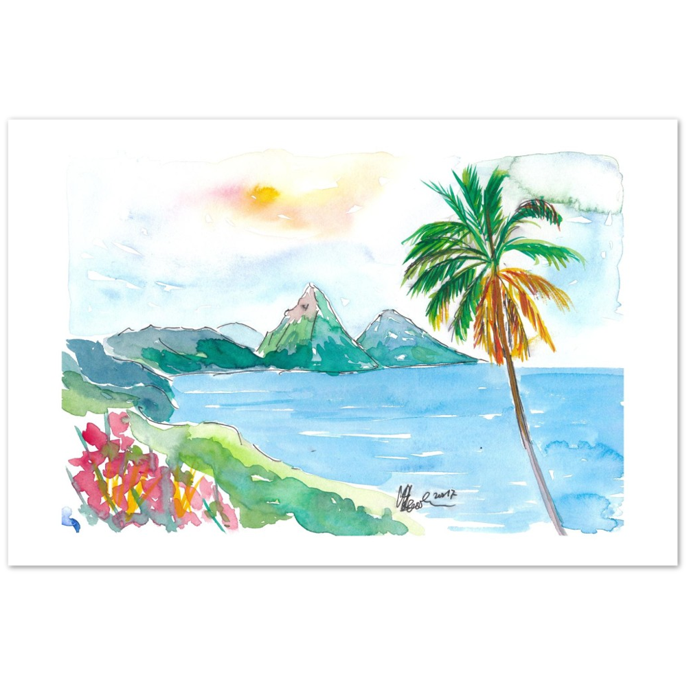 St Lucia Caribbean Dreams With Sunset and Pitons Peaks Painting & Limited Edition Fine Art Print