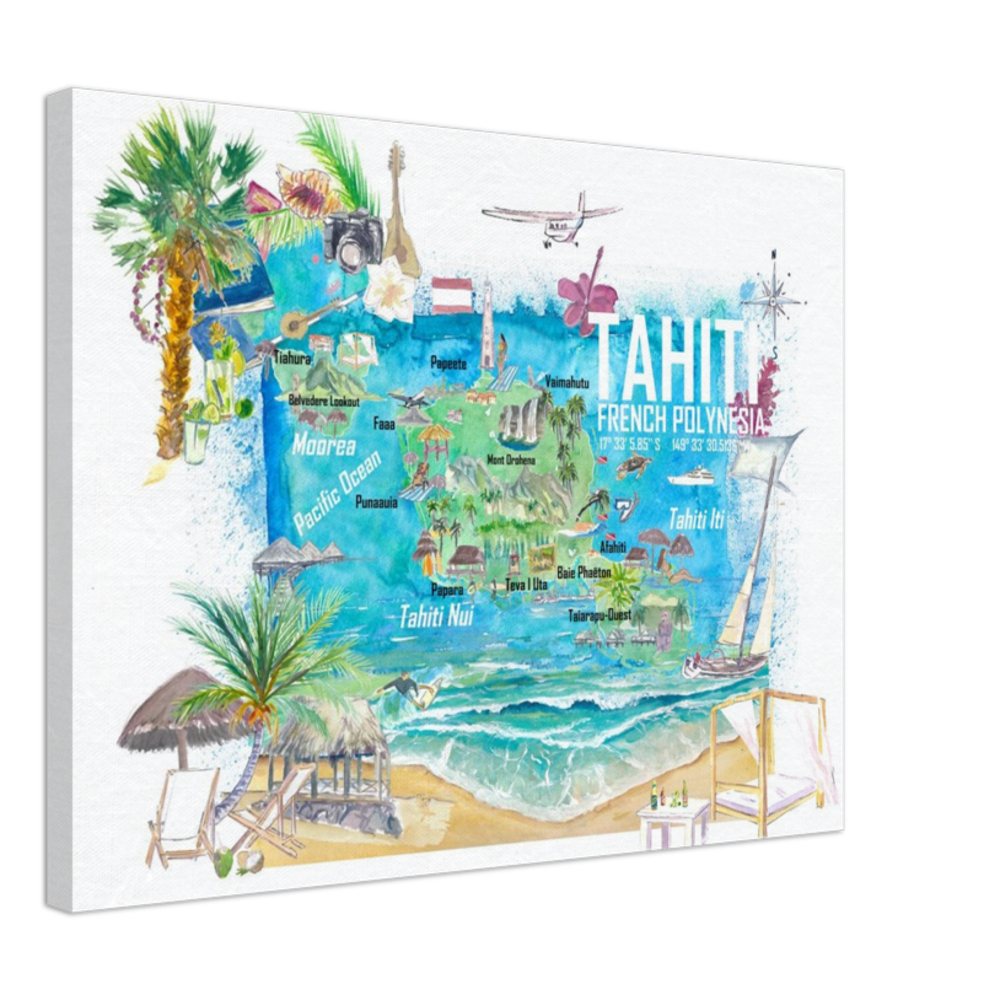 Tahiti Illustrated Travel Map with Roads and Highlights Fine Art Print