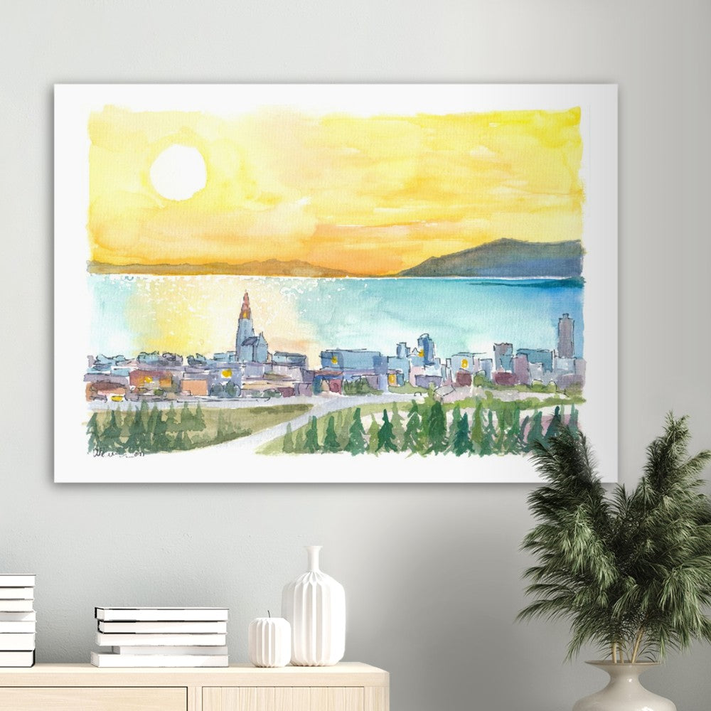 Amazing View of Reykjavik Iceland with Hallgrimskirkja Church and Sea during Sunset - Limited Edition Fine Art Print