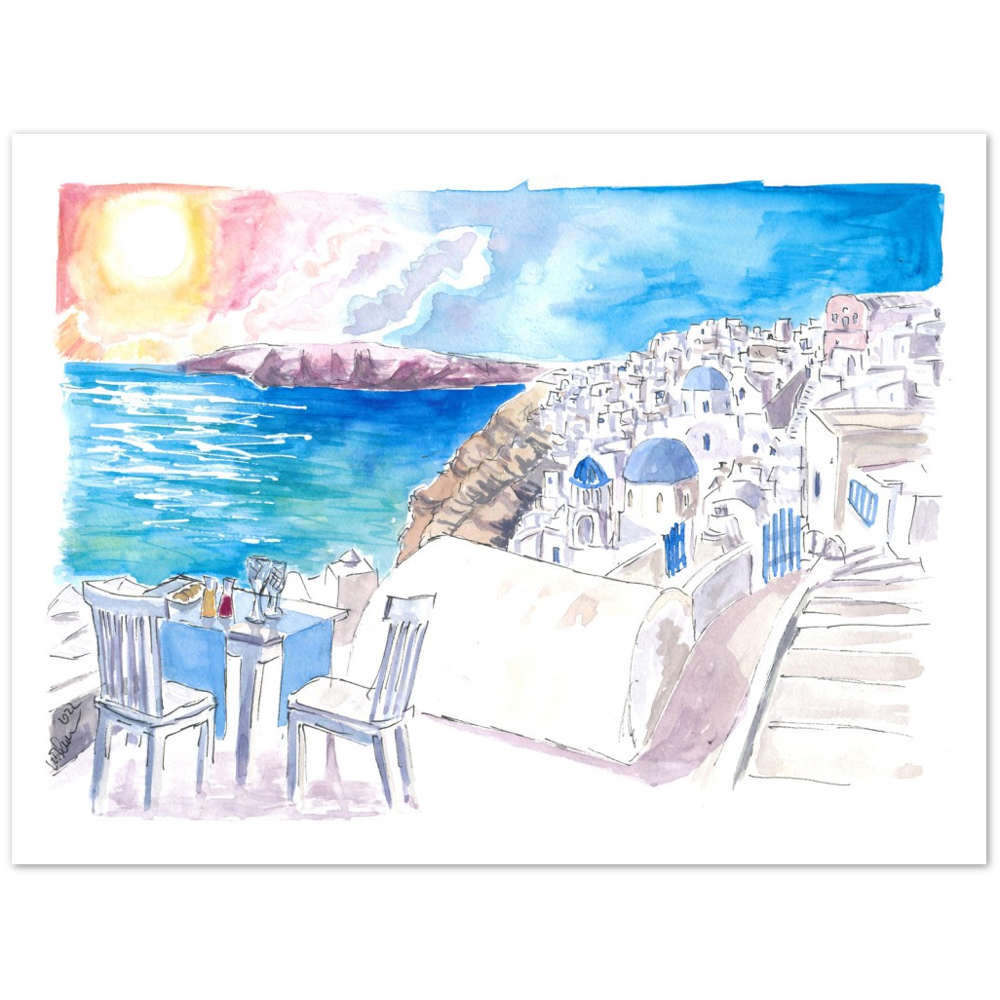 Santorini Sunset View with Rooftop Bar and Fruit Juices - Limited Edition Fine Art Print - Original Painting available