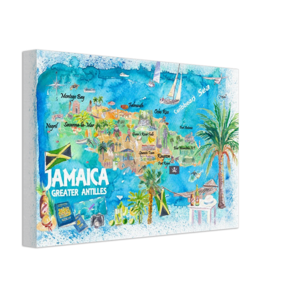 Jamaica Illustrated Travel Map with Roads and Highlights