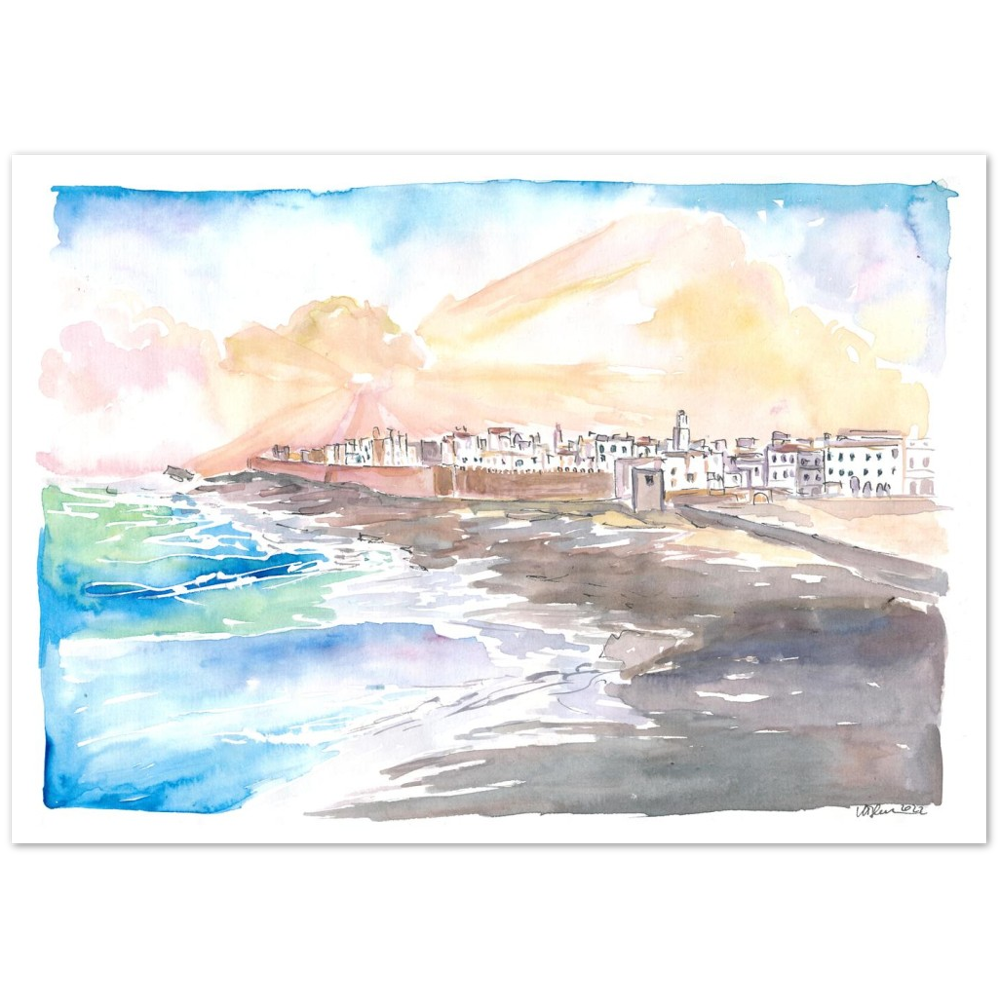 Essaouira Morocco view of Medina with Breaking Ocean Waves