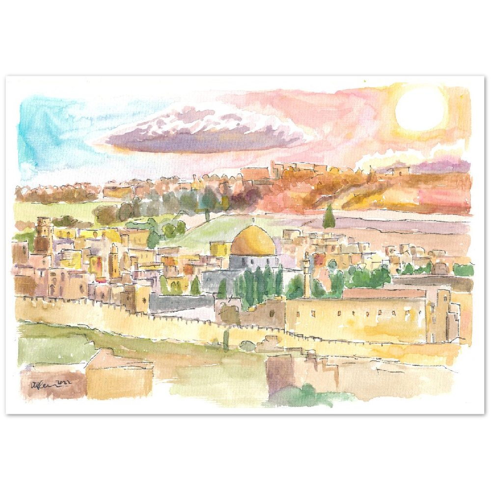 Holy City Jerusalem Cityview with Dome of Rock and Sunset - Limited Edition Fine Art Print - Original Painting available
