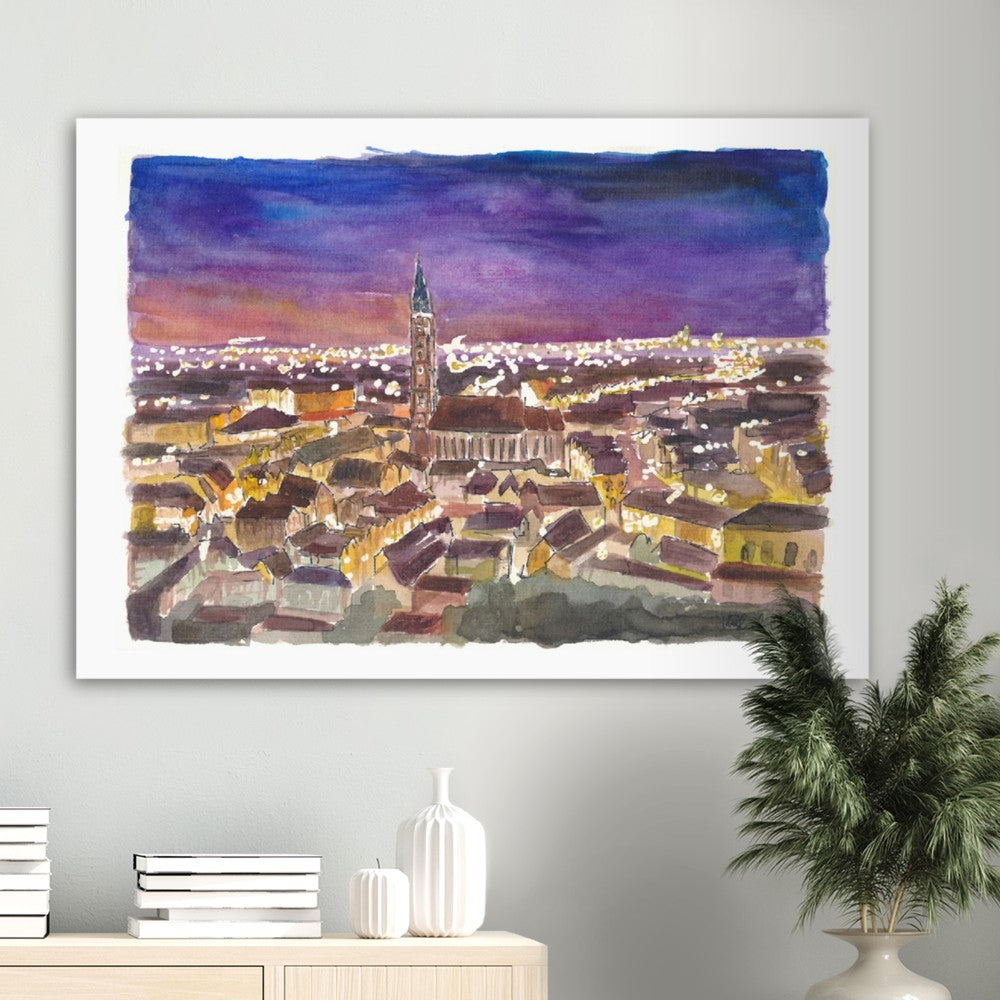 Landshut Night View of Saint Martin Basilica with City Lights - Limited Edition Fine Art Print - Original Painting available