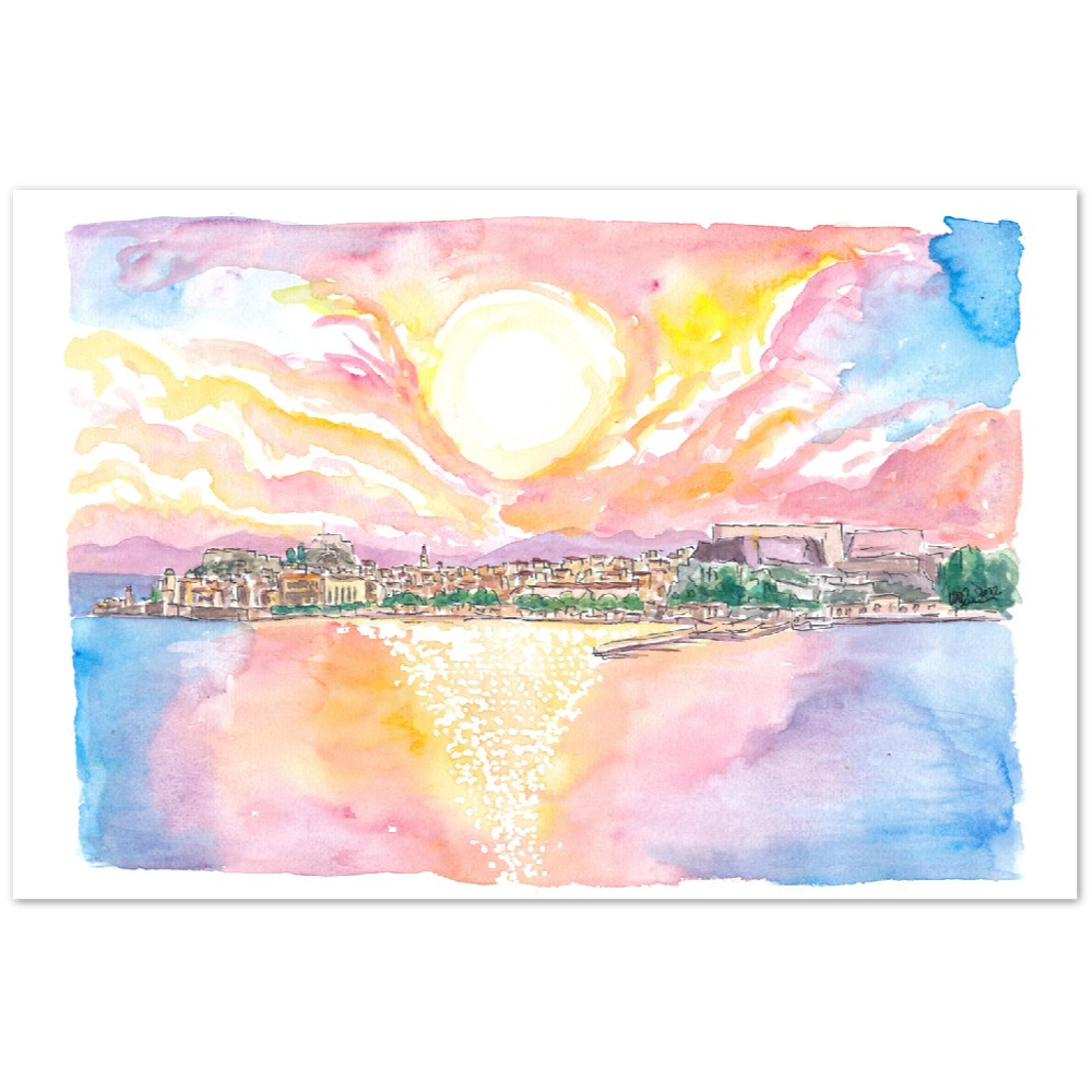 Arriving at Romantic Corfu Kerkyra Greece with City View - Limited Edition Fine Art Print - Original Painting available