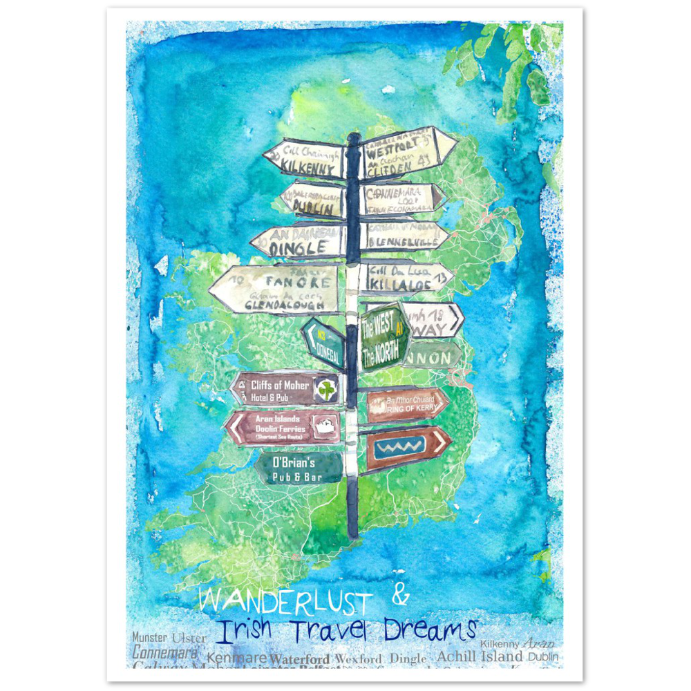 Wanderlust Signpost of Ireland with Island Background Premium Matte Paper Poster