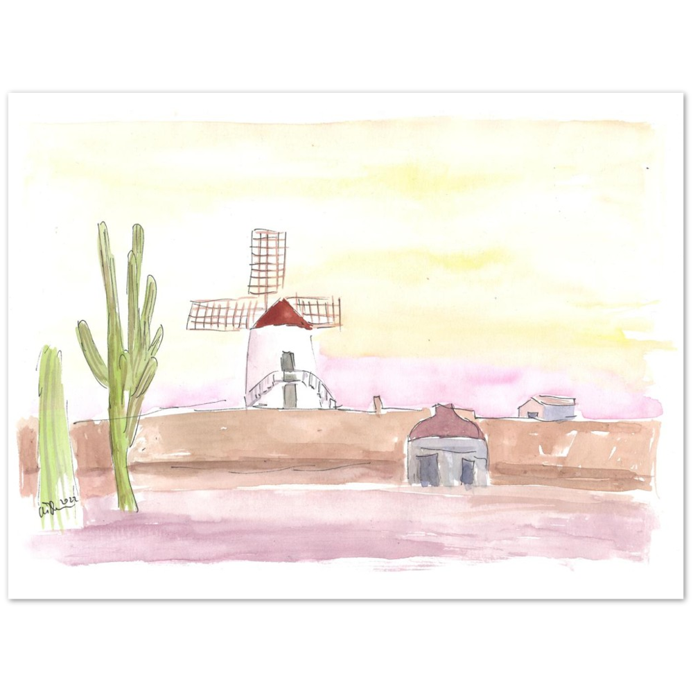 Lanzarote Canary Island Landscape with Windmill and Cacti - Limited Edition Fine Art Print - Original Painting available