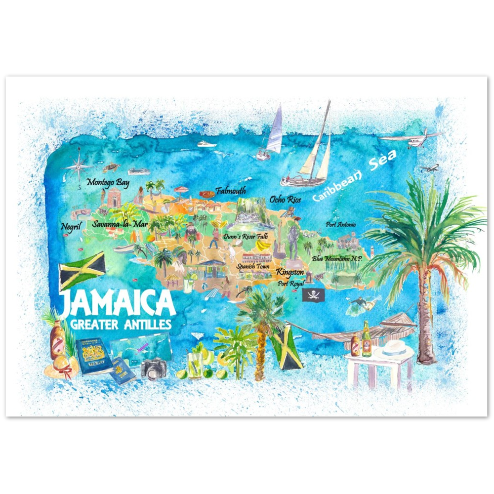 Jamaica Illustrated Travel Map with Roads and Highlights