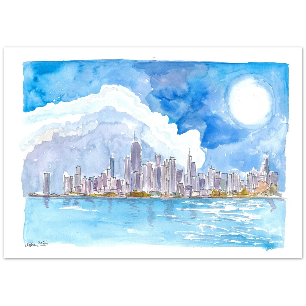 Chicago Skyline Impressions with Lake Michigan and Water Reflections - Limited Edition Fine Art Print - Original Painting available