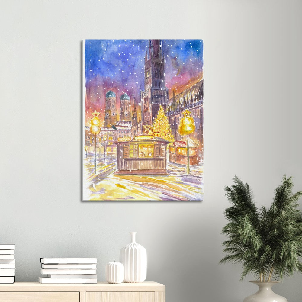 Snowy Munich Winter Scene - Romantic Marienplatz XMAS Market - Limited Edition Fine Art Print - Original Painting available