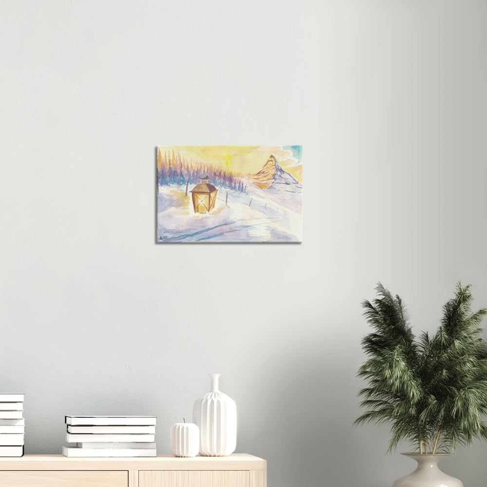 Swiss Alpine Winter Dreams with Matterhorn Mountain and Lantern in Snow - Limited Edition Fine Art Print - Original Painting available