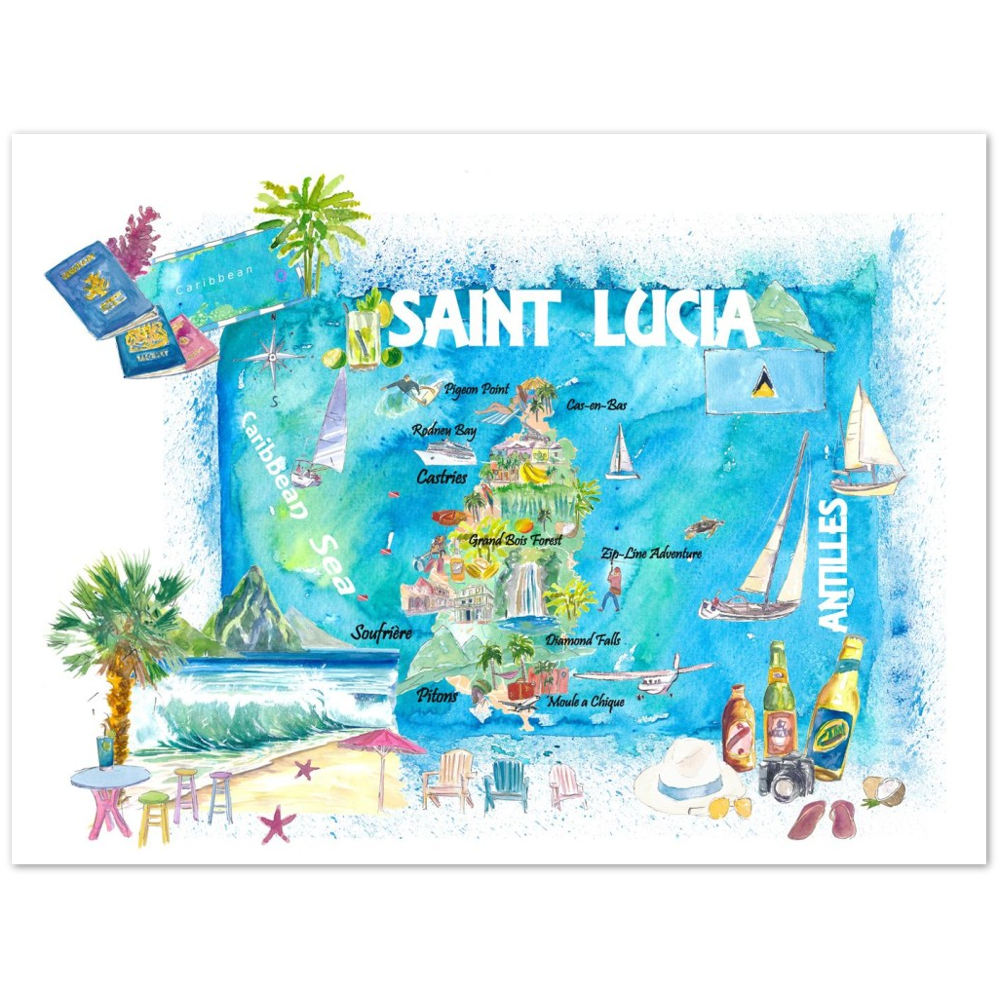 Saint Lucia West Indies Illustrated Map with Antilles Tourist Highlights 2nd Edition