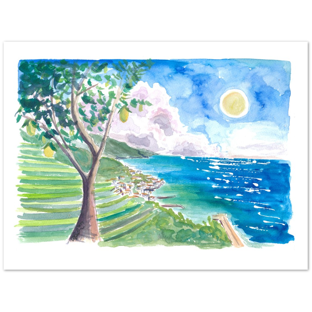 Minori Amalfi Coast with Lemon Tree and Blue Mediterranean - Limited Edition Fine Art Print - Original Painting available