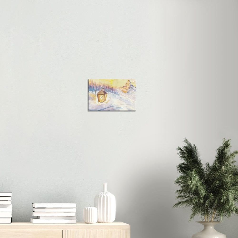 Swiss Alpine Winter Dreams with Matterhorn Mountain and Lantern in Snow - Limited Edition Fine Art Print - Original Painting available