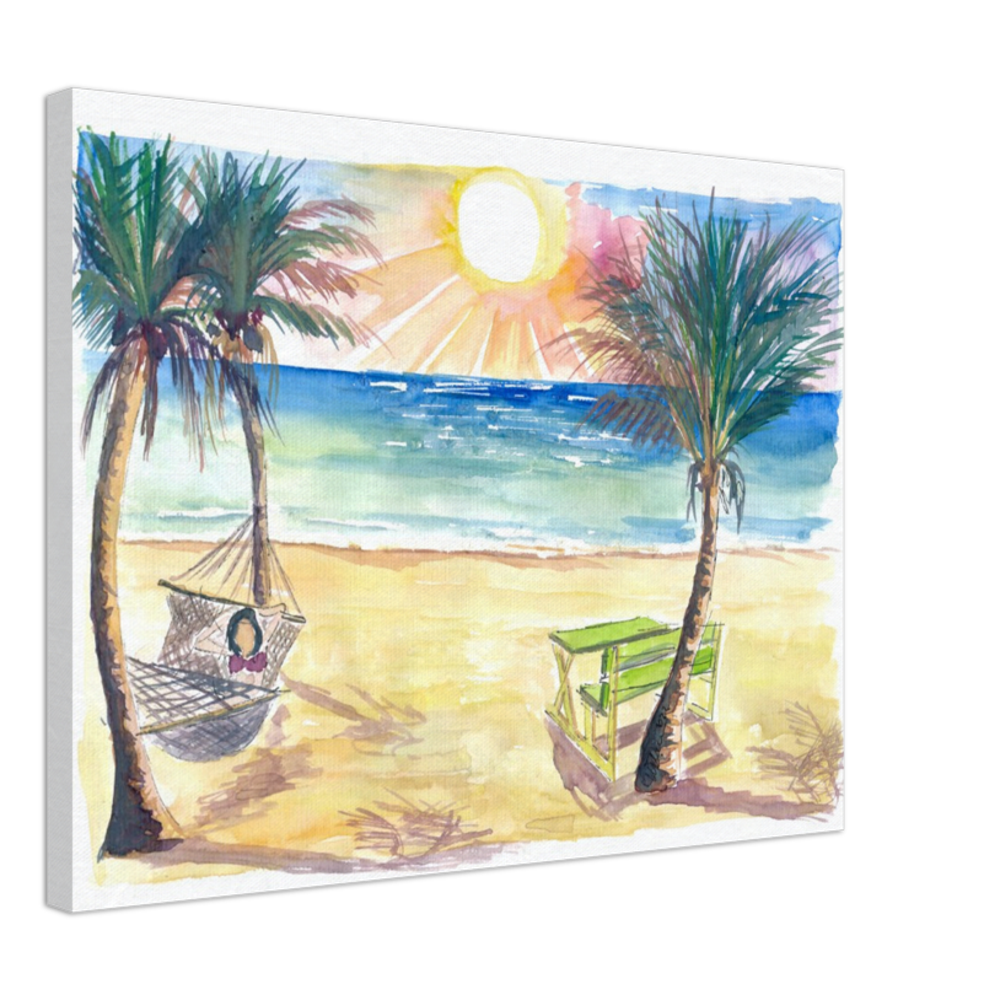 Serene Beach Perfection with Hammock Zen under Palms and Swell - Limited Edition Fine Art Print - Original Painting available