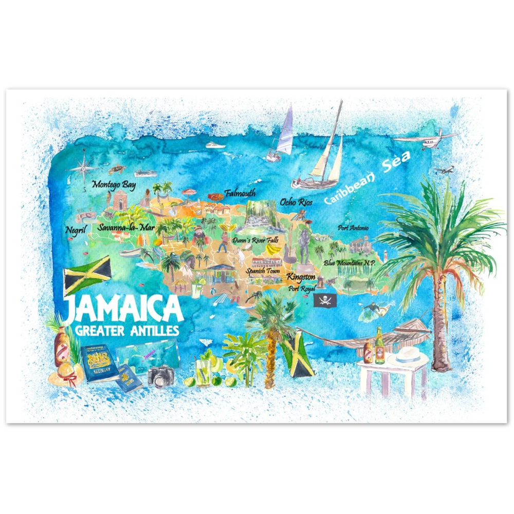 Jamaica Illustrated Travel Map with Roads and Highlights