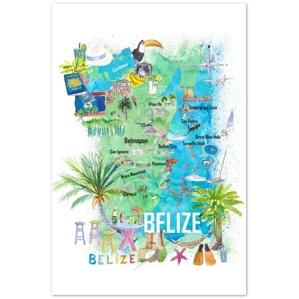 Belize Caribbean Illustrated Travel Map with Roads and Tourist Highlights