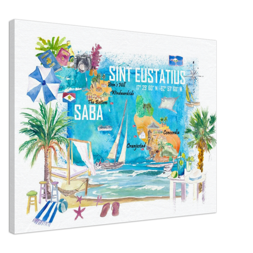 Sint Eustatius and Saba Dutch Caribbean Island Illustrated Travel Map with Tourist Highlights