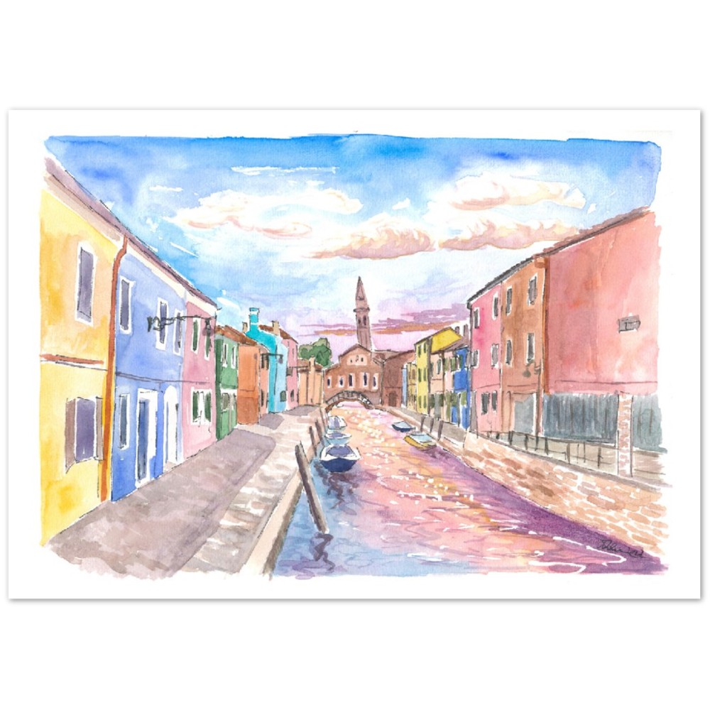 Burano view of Canal and Leaning Bell Tower - Limited Edition Fine Art Print - Original Painting available