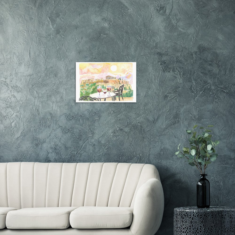 Sunset Romance in Athens Greece with Aperitif and Acropolis View - Limited Edition Fine Art Print - Original Painting available