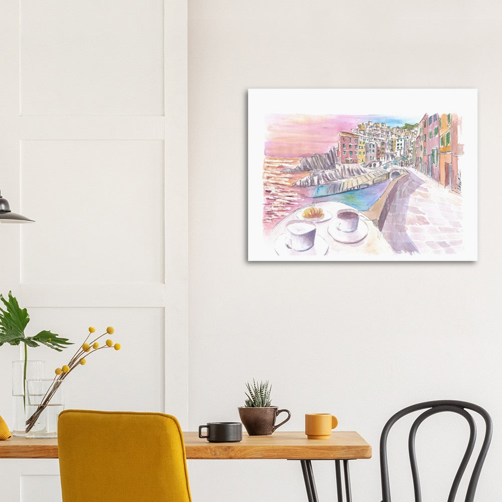 Riomaggiore Cinque Terre Relaxed Morning with Brioche and Coffee - Limited Edition Fine Art Print - Original Painting available