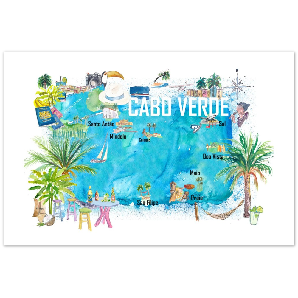 Cabo Verde Illustrated Island Travel Map with Tourist Highlights