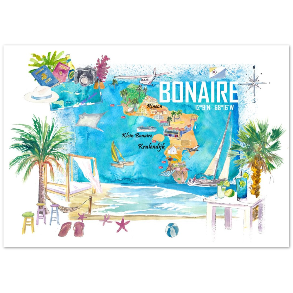 Bonaire Dutch Antilles Caribbean Island Illustrated Travel Map with Tourist Highlights