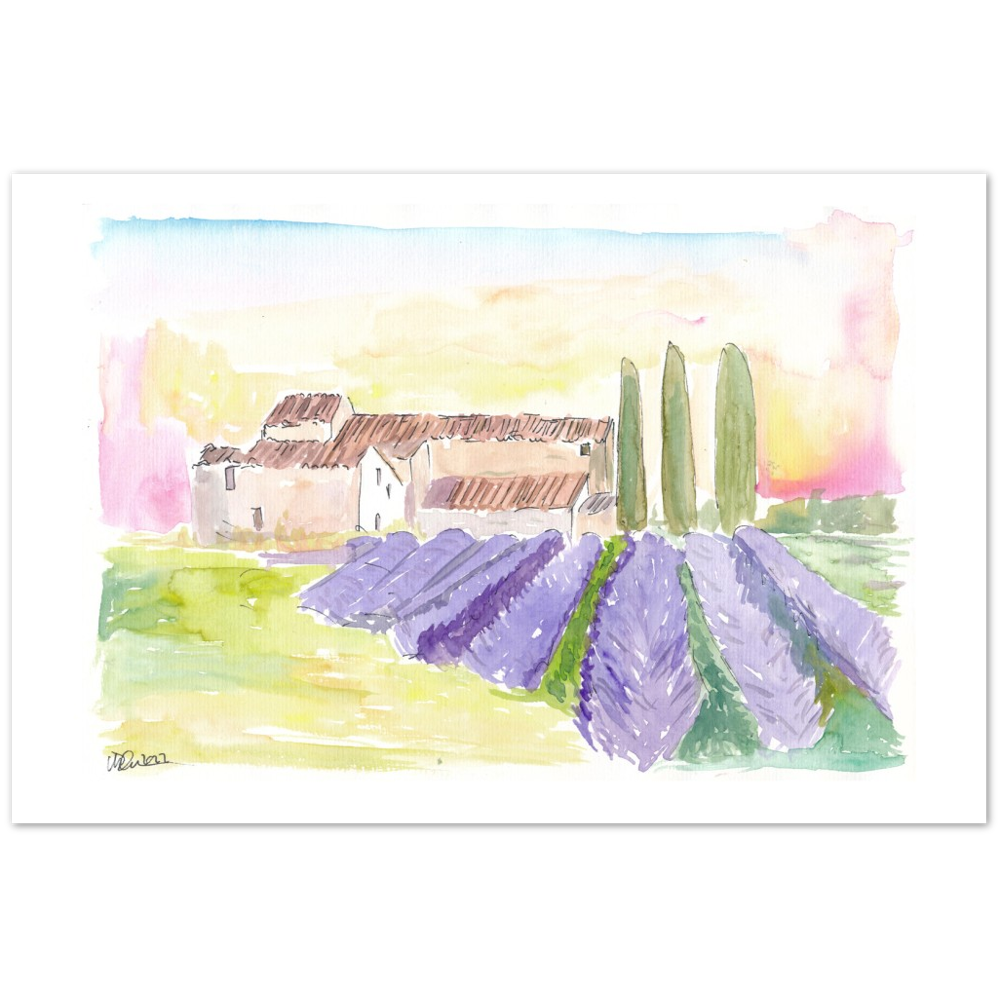 Provence Classical View of Lavender Fields and Abbey - Limited Edition Fine Art Print - Original Painting available