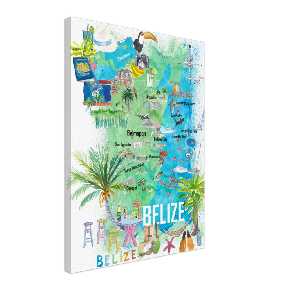 Belize Caribbean Illustrated Travel Map with Roads and Tourist Highlights