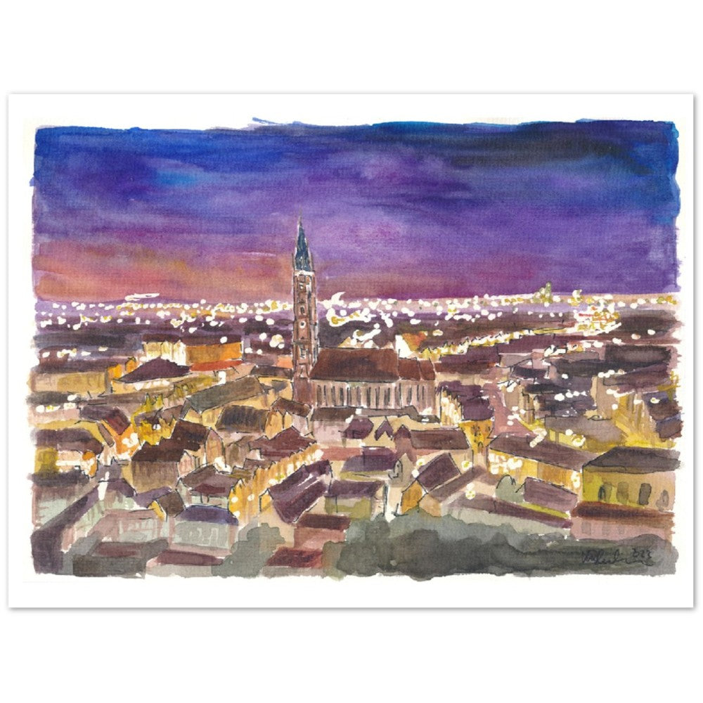 Landshut Night View of Saint Martin Basilica with City Lights - Limited Edition Fine Art Print - Original Painting available