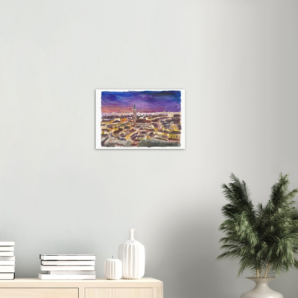 Landshut Night View of Saint Martin Basilica with City Lights - Limited Edition Fine Art Print - Original Painting available