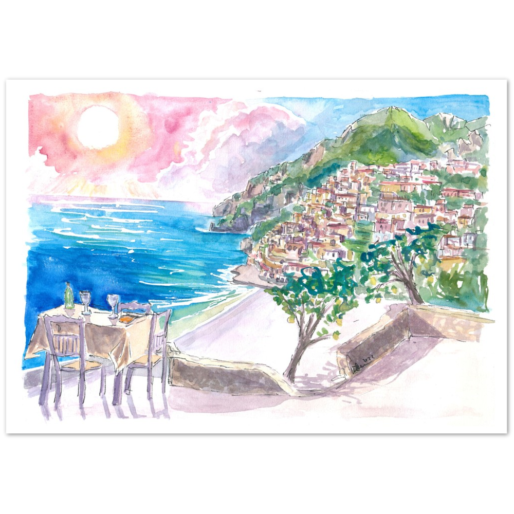 Incredible Seaview Cafe with Positano Amalfi Coast and Sea - Limited Edition Fine Art Print - Original Painting available
