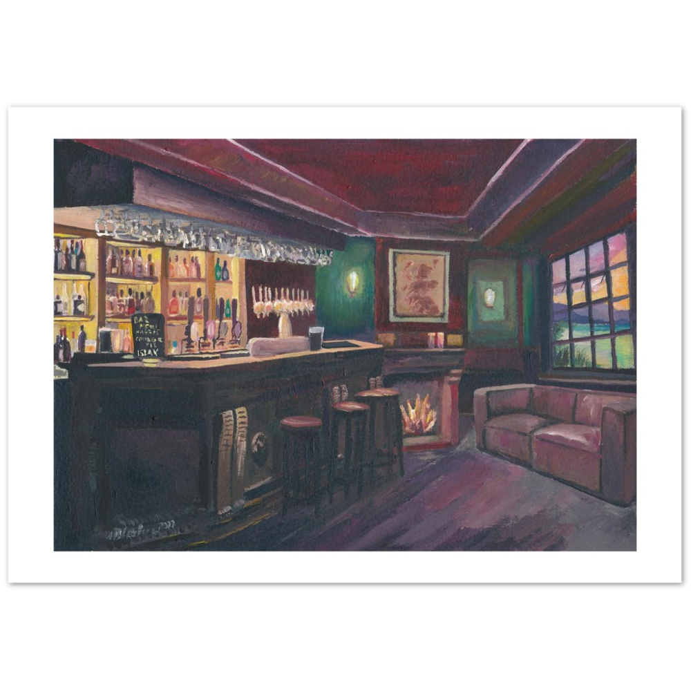 Pub Evening with Bar and Fireplace in Lonely Scottish Highlands - Fine Art Print Giclee - Original available