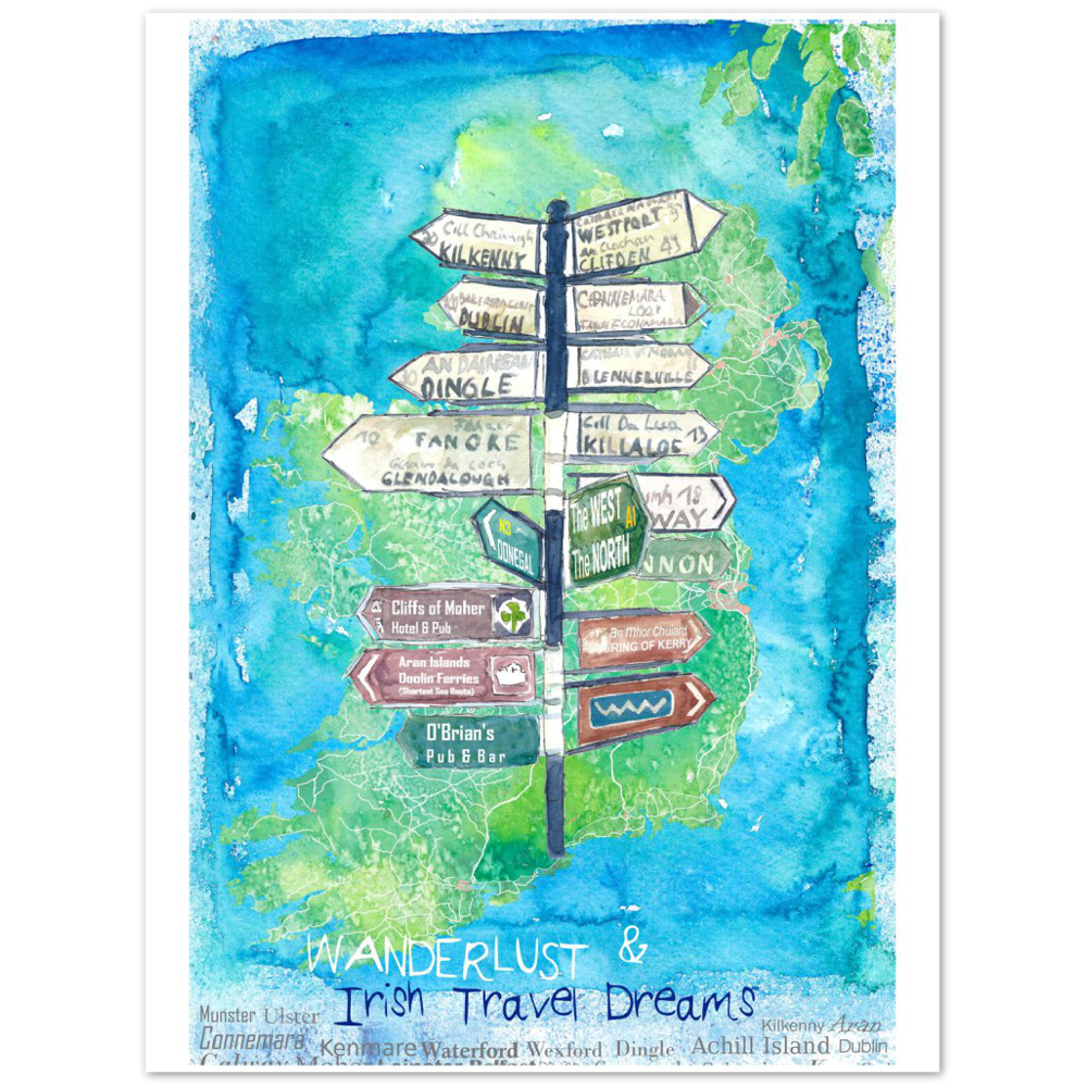 Wanderlust Signpost of Ireland with Island Background Premium Matte Paper Poster