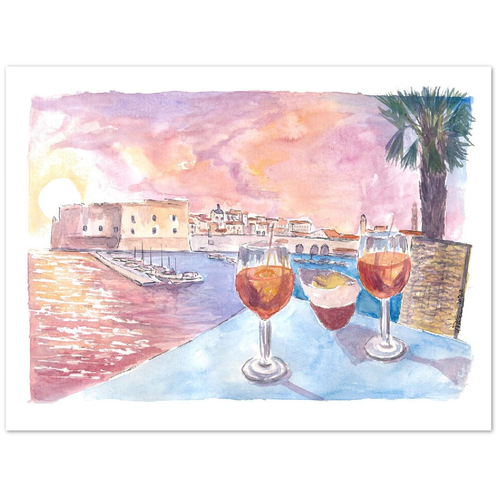 Dubrovnik Romantic Old Port View with Rectors Palace and Adriatic Drinks - Limited Edition Fine Art Print - Original Painting available