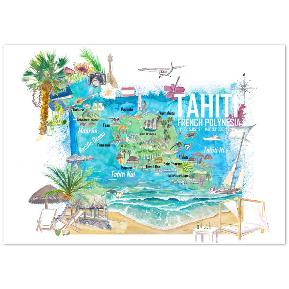 Tahiti Illustrated Travel Map with Roads and Highlights Fine Art Print